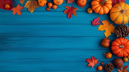 A blue background with a variety of fall fruits and vegetables including pumpkins, apples, and oranges