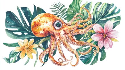 Watercolor baby squid playing among tropical leaves and flowers