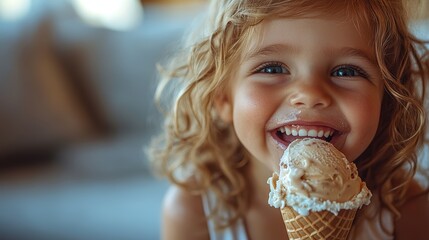 Joyful Child Enjoying Ice Cream Cone Indoors with Natural Light and Soft Focus Background, Capturing Happiness and Innocence in a Beautiful Moment of Childhood