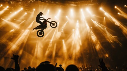 Naklejka premium Daring dirt bike stunt performed in front of a crowd, illuminated by dramatic stage lighting at an indoor event.