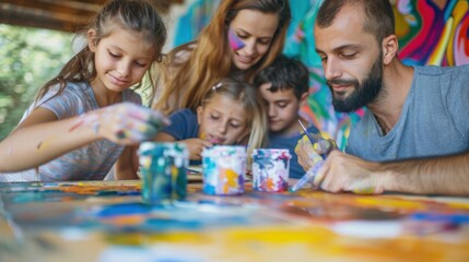 Fototapeta premium Family bonding over a creative art project with colorful paints, joyfully engaged in a fun activity together.