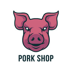 Simple pig head illustration. Pork shop logo emblem vector. Isolated on white background.