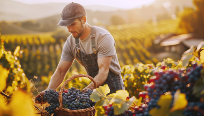 Farmer man picking ripe grapes from lush green vines in warm golden sunlight of early morning. Vibrant grapes and leaves with rolling hills, grapevines, and rustic farmhouse or winery in background..