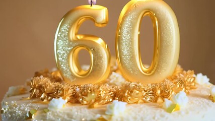 A cake with two candles on it that say 60.
