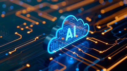 Artificial intelligence cloud technology concept with glowing circuits and futuristic data integration representation.
