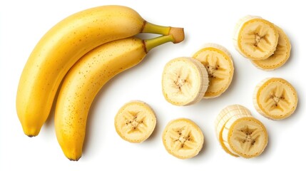 Whole and sliced bananas isolated on white background, full depth of field