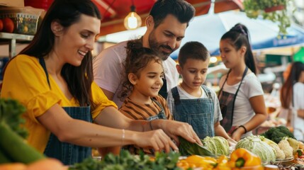 Fototapeta premium Family shopping for fresh vegetables at a market. Parents and children enjoying quality time and selecting healthy food together.