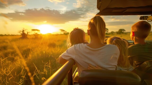 Family on safari adventure enjoys a beautiful sunset, experiencing wildlife and natural scenery in an open vehicle.