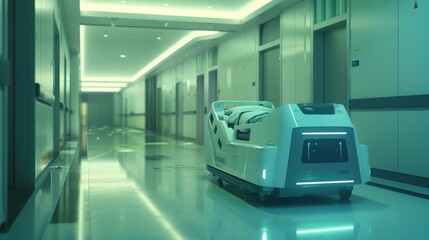 Obraz premium Futuristic hospital hallway with a medical robot cart, showcasing advanced healthcare technology and modern architecture.