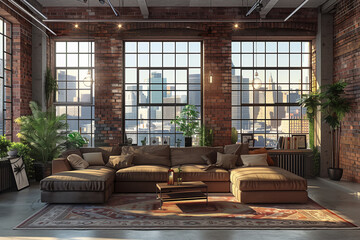 Modern interior of a spacious living room in industrial style