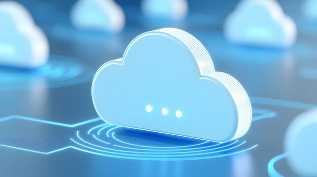 Blue cloud icons on digital background representing cloud computing, data storage, and online technology solutions.