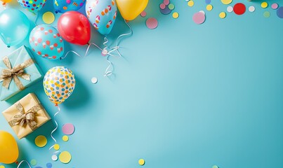 A blue background with a bunch of colorful balloons and a few boxes