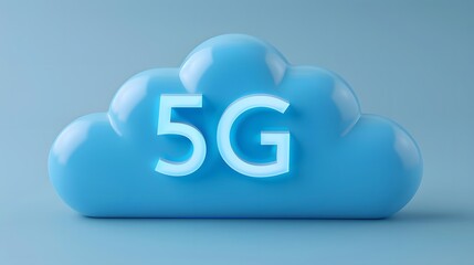 Blue cloud with 5G text symbolizing next-generation wireless technology, high-speed internet, innovation, and connectivity on a light blue background.