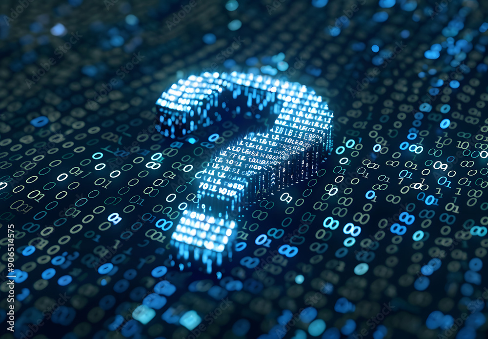 Fototapete 3d question marks with binary code, AI in question answering systems, natural language processing algorithms, information retrieval platforms, and personalized knowledge assistance design