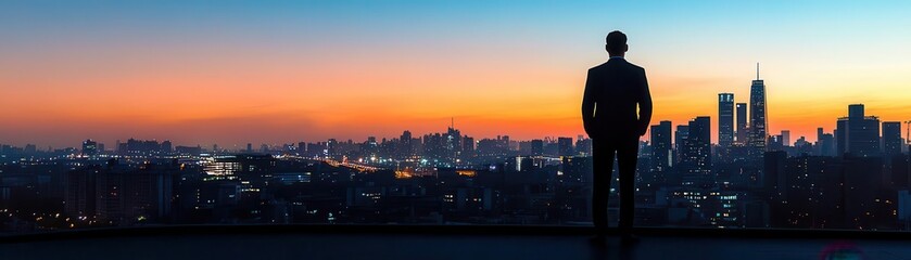 Naklejka premium silhouette of a business professional standing on a rooftop overlooking a city skyline at dusk, photo-realistic, high resolution