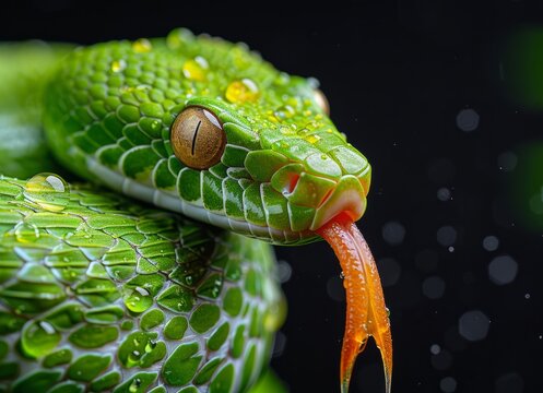 Green Tree Python with a Droplet on its Face