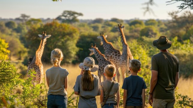 Fototapeta Group of people observing giraffes in the wild during a safari adventure in the African savannah.