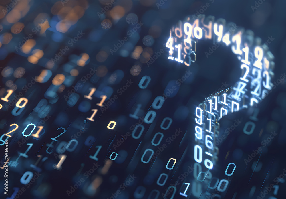 Fototapete 3d question marks with binary code, AI in question answering systems, natural language processing algorithms, information retrieval platforms, and personalized knowledge assistance design