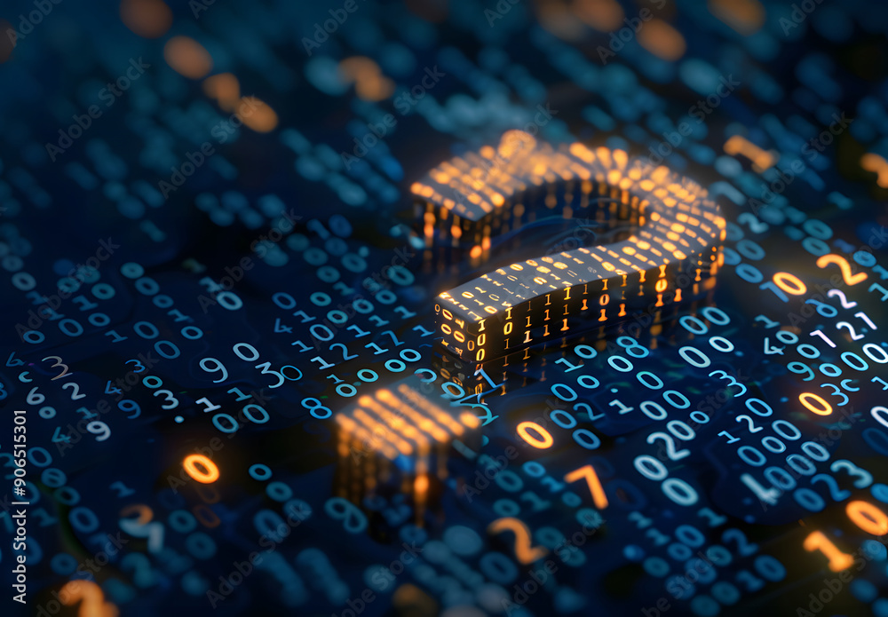 Fototapete 3d question marks with binary code, AI in question answering systems, natural language processing algorithms, information retrieval platforms, and personalized knowledge assistance design