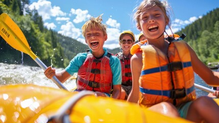 Joyful kids rafting on a river, wearing life jackets and holding paddles. Smiling faces enjoying summer adventure in the great outdoors.