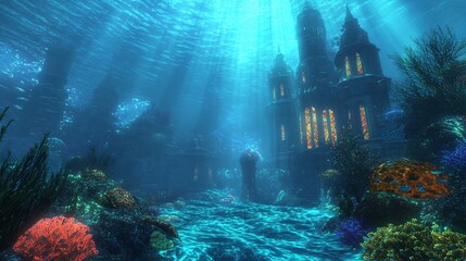 A breathtaking underwater kingdom with majestic, glowing coral reefs and colorful sea creatures swimming among them. The scene features elaborate, fantastical underwater castles with shimmering
