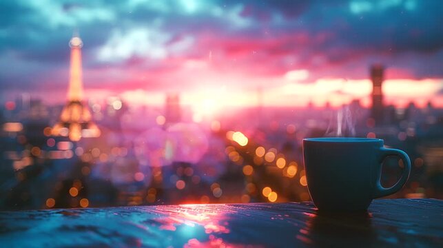 A cup of coffee with the Eiffel Tower as the backdrop, creating a stylish and sophisticated ambiance, seamless animation time-lapse 4K video background by AI.