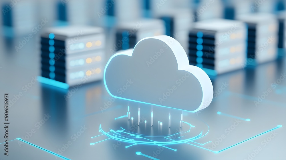 Poster cloud computing concept with a cloud icon and server racks in the background, representing data stor