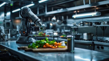 Fototapeta premium Robot chef using advanced technology to prepare fresh vegetables in a modern commercial kitchen setting.
