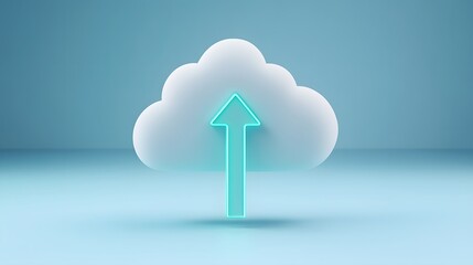 Cloud computing concept with an illuminated arrow pointing up, symbolizing data transfer, storage, and online connections in a modern digital world.