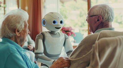 Robot interacting with elderly couple in a cozy home setting, highlighting technology assisting senior care and companionship.