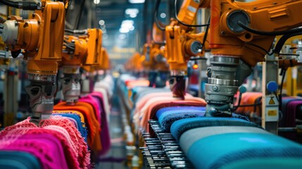 Robotic arms in textile factory assembling bright colored fabrics, showcasing automation in modern industry.