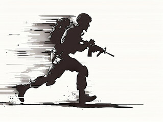 Obraz premium A man in a military uniform is running with a rifle