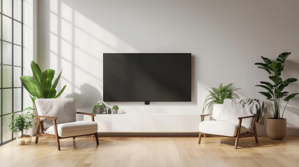 3D rendering mockup of a white TV paired with an armchair in a living room, set against a white wall.