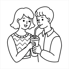 A couple sharing a milkshake with two straws line art vector