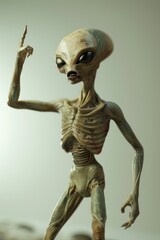 Alien is standing and waving hand, long fingers