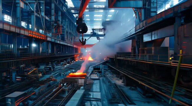 Interior view of a heavy industrial steel mill with molten metal being processed. Bright orange glow from hot metal contrasts with the cold-blue steel structures.