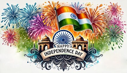 Happy india independence day poster illustration in watercolor style.