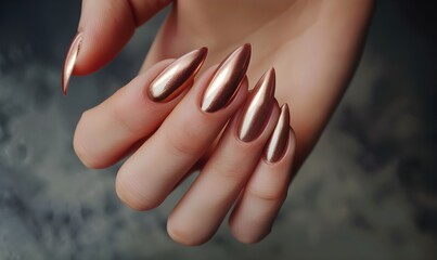 Fototapeta premium Closeup to woman hands with elegant neutral colors manicure Beautiful nude manicure on long almond shaped nails Nude shade nail manicure with gel polish at luxury beauty salon