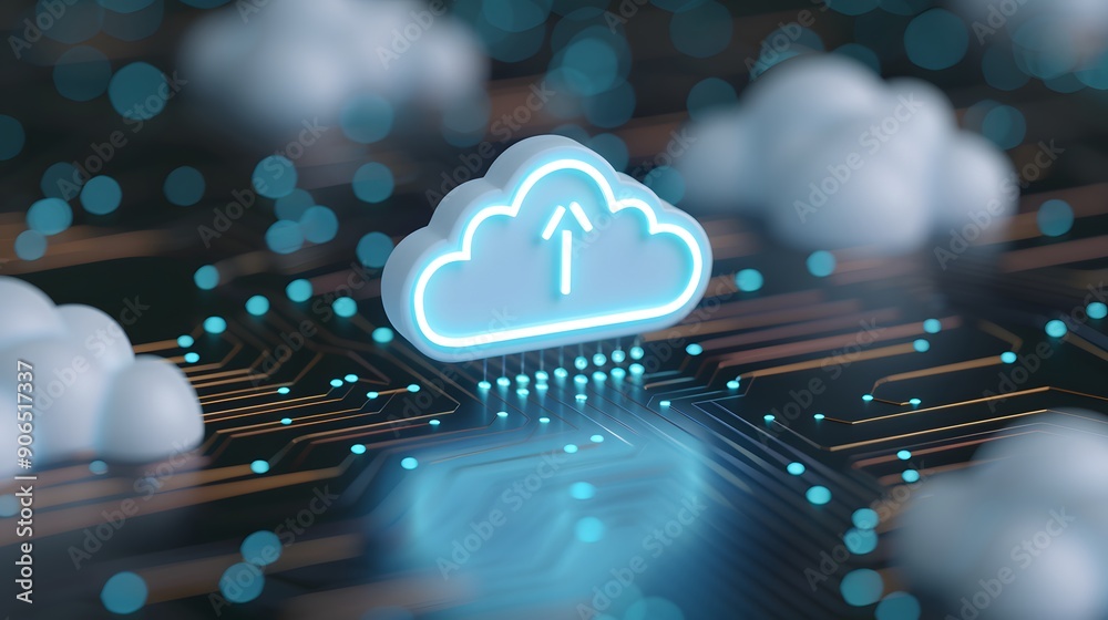 Poster cloud computing technology concept showing a glowing cloud icon and circuit board, representing data