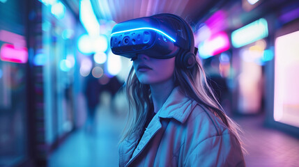 Woman wearing a VR headset in a neon-lit urban setting, representing virtual reality, technology, and futuristic experiences