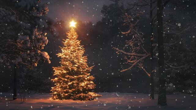 Christmas tree with ornaments in the winter wonderland landscape, snow, night, decorated xmas tree - festive and lights, holiday and celebration - Powered by Adobe