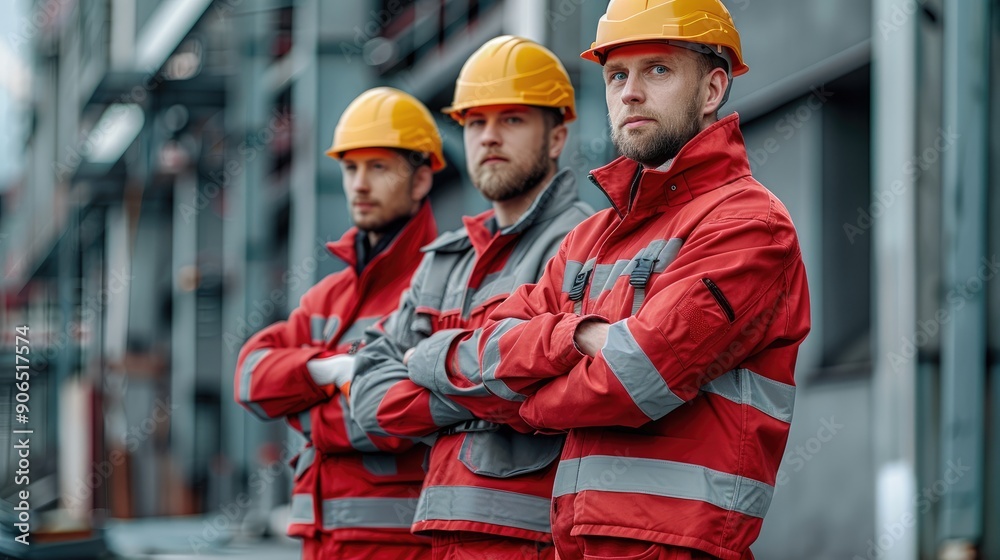 Aufkleber Three workers in hard hats and red and grey uniform, standing in front of a building. Generative AI.