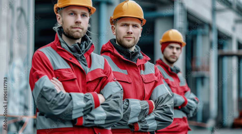 Leinwandbilder three workers in hard hats and red and grey uniform, standing in front of a building. generative ai.