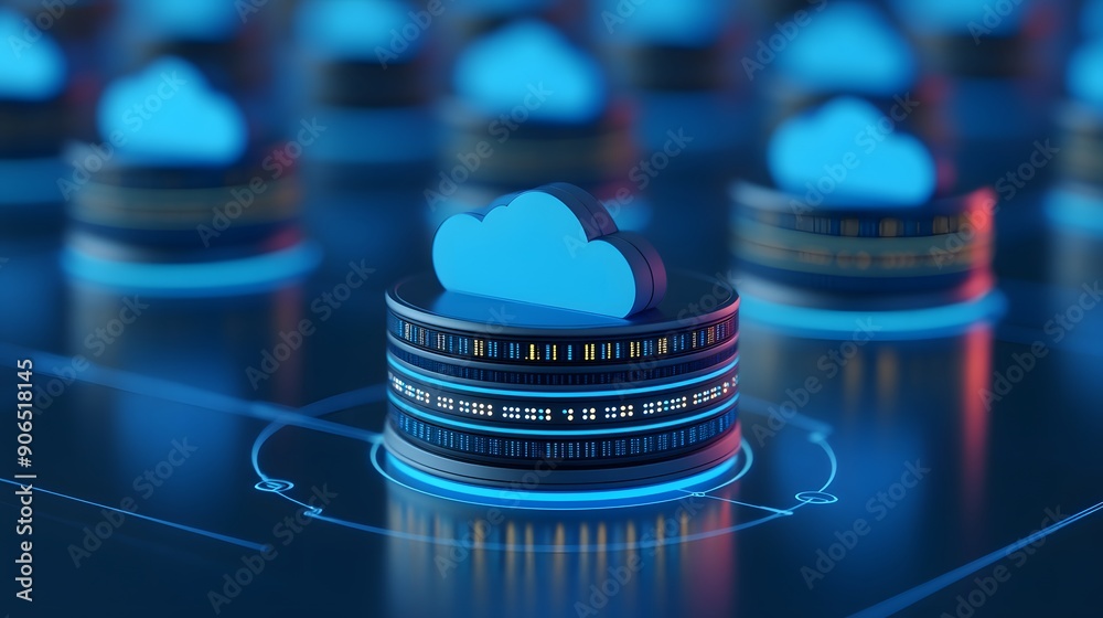 Poster cloud storage technology concept with glowing network server stacks in a futuristic data center. sec