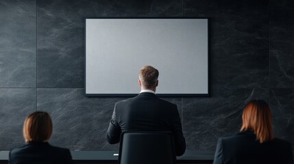 Senior executive presenting an annual report, using a laser pointer on a large screen, diverse boardroom audience, contemporary office design, high-resolution photo, realistic photo