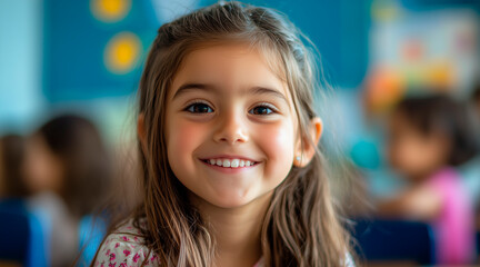  portrait of an 8 year old american girl in a classroom