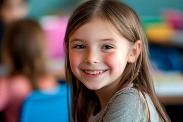  portrait of an 8 year old american girl in a classroom