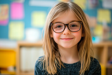  portrait of an 8 year old american girl in a classroom