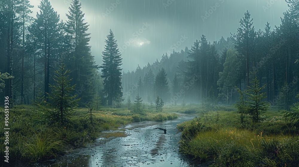 Poster Wet coniferous forest, after the rain, dark sky in the distance. Generative AI.