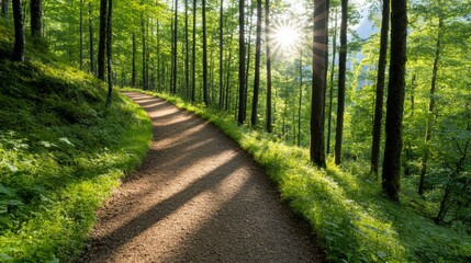 Obraz premium Sunlit trail meandering through vibrant green forest, with soft rays of light piercing the canopy, creating a tranquil, peaceful scene ideal for unwinding, ultra HD
